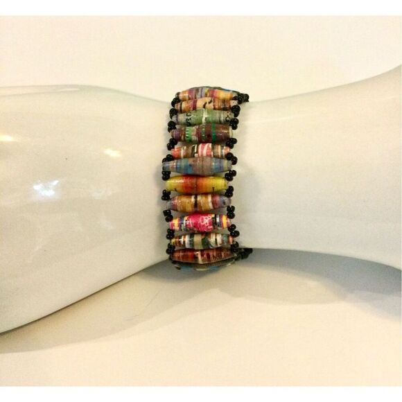 Vintage Womens Multicolor Handmade Recycled Paper Beaded Wristband Bracelet - Picture 4 of 7
